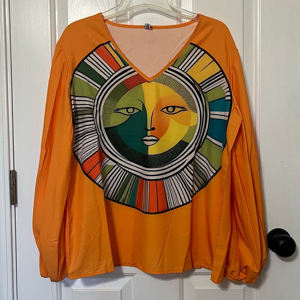 Uoozee Boho Abstract Artsy Sun Face Graphic Orange V Neck Balloon Sleeve Top - Picture 3 of 9